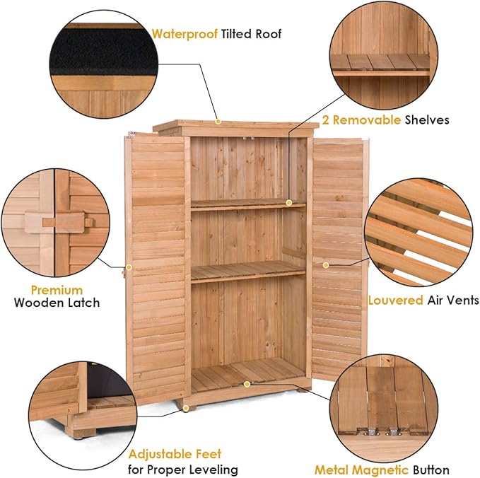 S AFSTAR Outdoor Storage Shed, Wooden Tool Storage Shed w/Detachable Shelves & Pitch Roof & Shutter Vents, Garden Storage Cabinet for Backyard Patio Deck Porch, 34.5”L x 18.5”W x 63”H, Natural