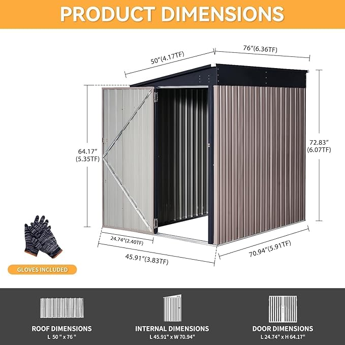 Aoxun 4x6 FT Lean to Shed Garden with Sloped Roof Metal Storage Shed with Lockable Doors & Single Door Outdoor Bike Shed for Backyard, Patio, Poolside (Brown)