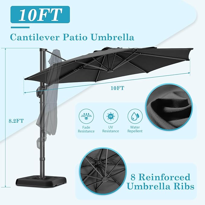 HOTIME10ft Patio Umbrella Cantilever Umbrella - Upgrade and Intensify - with 360 Rotation and 5 Angles Adjustment - Aluminum Offset Pool Umbrella Square Outdoor Umbrellas for Patio Garden Deck