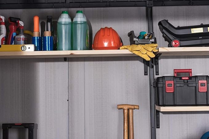 Keter Artisan 9x7 Foot Large Outdoor Shed with Floor with Modern Design for Patio Furniture, Lawn Mower, Tools, and Bike Storage, feet, Grey/Black