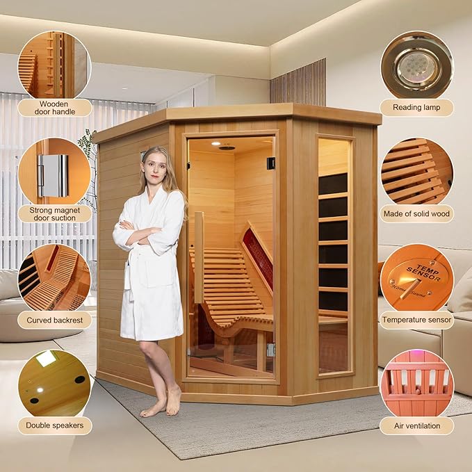 Smartmak Far Infrared Sauna Room with Recliner, 1 Person Indoor Canadian Hemlock Sauna Room, Carbon Crystal Heating Panel and Heating Tubes, 7 Color Light, Oxygen Bar, Bluetooth Speaker (220V, 2300W)