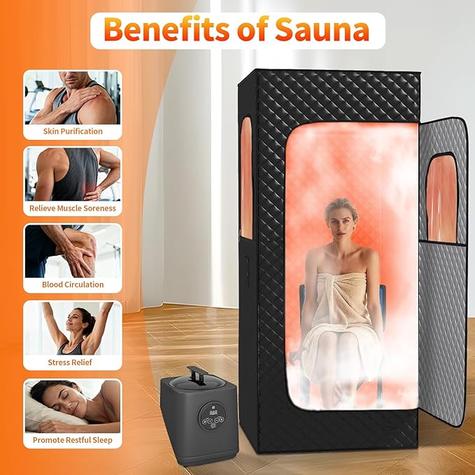 Portable Steam Sauna Box for Home, Infrared Sauna Tent with 3L Steam Generator, Remote Control, 15 Temperature Levels, 66 Minute Timer, Indoor Sauna with Foldable Chair for Home Spa,Black