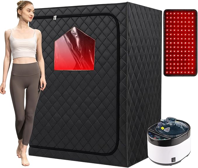 Portable Infrared Saunas for Home, One Person Steam Sauna, Full Body Steam Tent for Relaxation,2 Person Steam Saunas Box with 660nm Red Light Therapy, 4L&1500W Sauna Steamer, Folding Chair