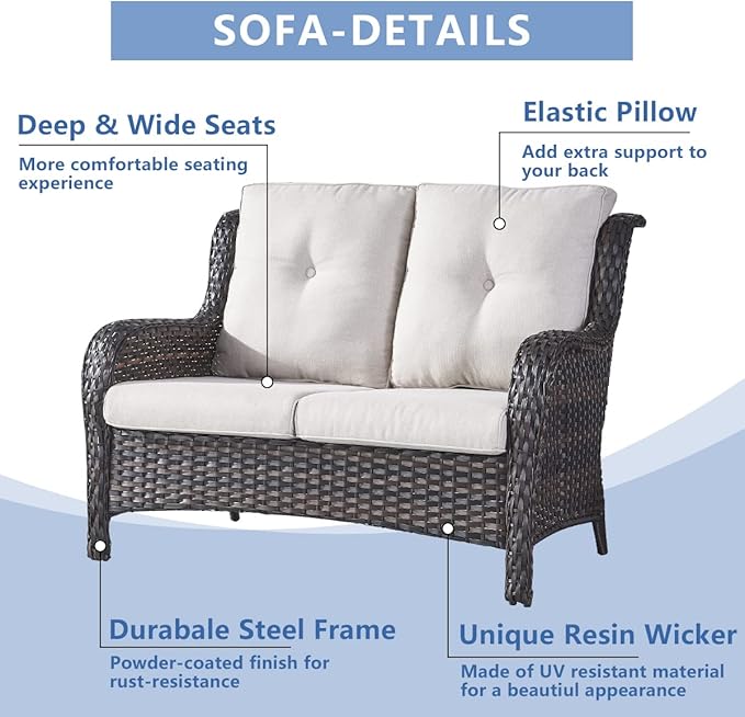 HUMMUH 6 Pieces Outdoor Patio Furniture Set Wicker Swivel Patio Chairs with Ottomans 2 Seater Outdoor Sectional Sofa/Patio Loveseat with Coffee Table