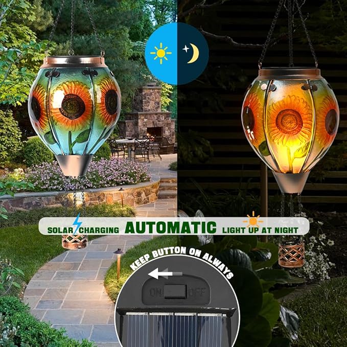 Hot Air Balloon Solar Lantern - Sunflower Glass Lantern, Simulated Flickering & Dancing Flame, Outdoor Hanging Yard Light Waterproof IP65 for Patio Lawn Porch Decor Gift