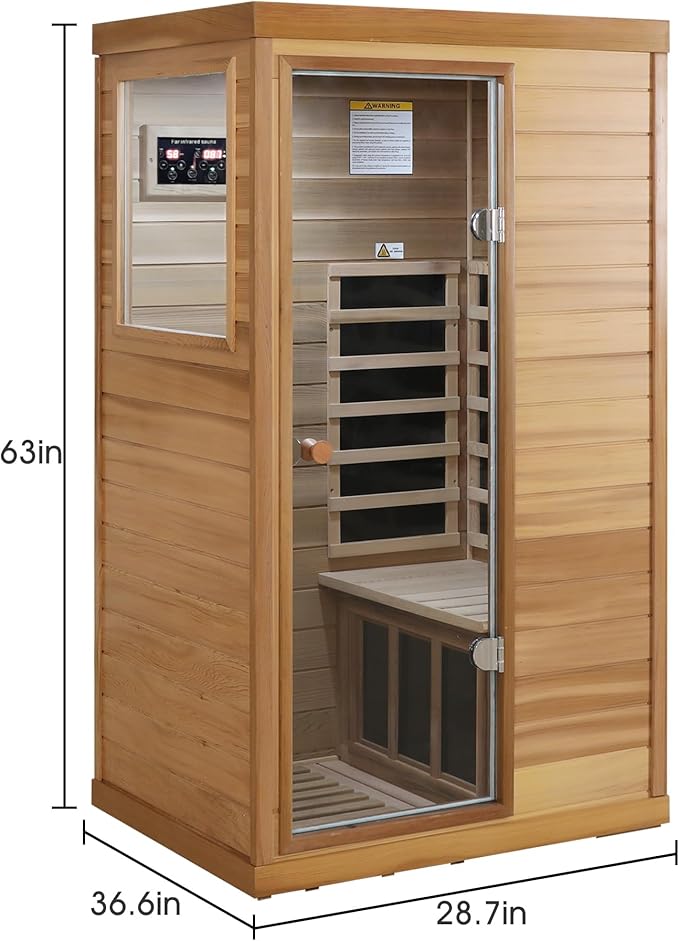 Infrared Sauna Single Person Mini Red Cedar Far Infrared Home Sauna Box with The Left Glass Door, LCD Display, BT Speaker, LED Reading Light, Natural Wood + Caramel