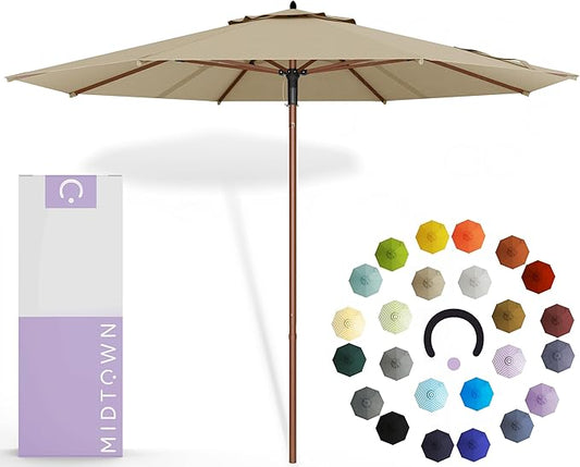 Midtown Umbrellas The Wooden 9 Feet Patio Umbrella With Terylast Chestnut (Beige) Polyester Fabric - Aluminum Frame Market Umbrella For Backyard, Deck, Garden, Pool - Wooden Pole
