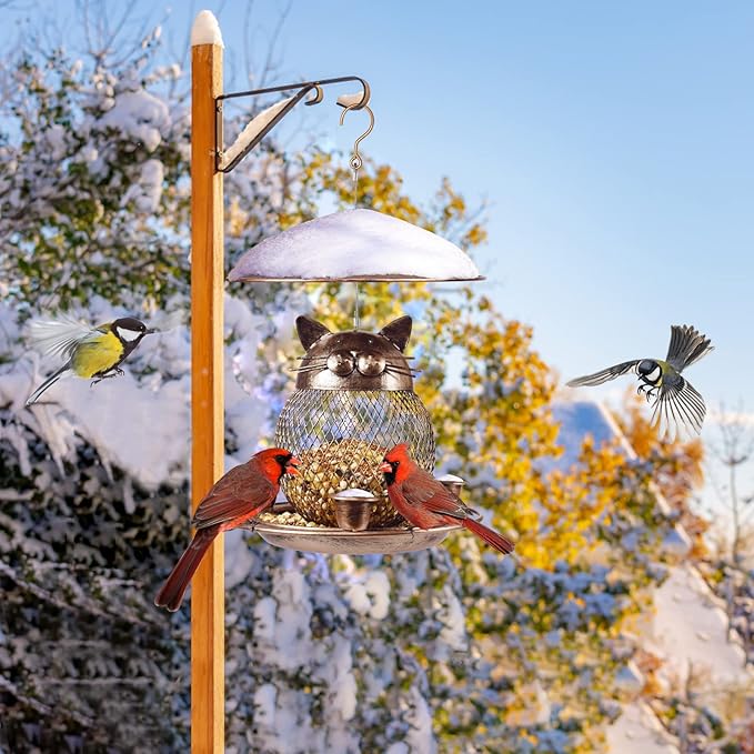 LBTING Bird Feeder for Outdoor, Squirrel Proof Metal Wild Bird Feeder Decoration for Hanging Outside Garden Yard, Cute Cat-Shaped