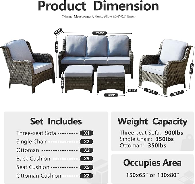 HOOOWOOO Patio Furniture Set,5 Piece Outdoor Furniture Set,Wicker Patio Conversation Couch Chairs Ottoman Set,Light Gray