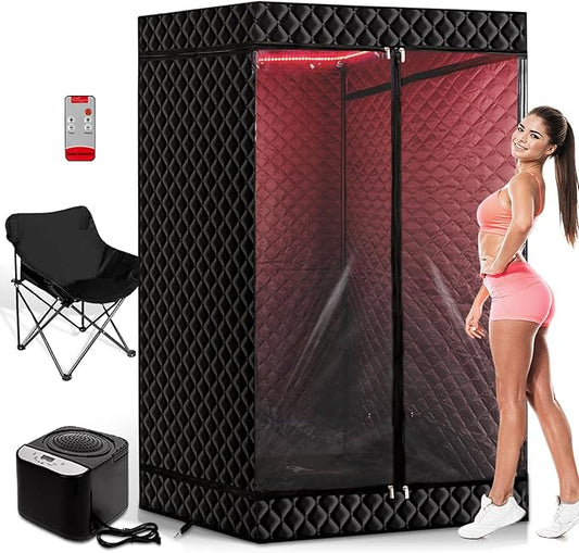New UpgradeRed Light Collapsible Fridge Sauna Box for Relaxation,Detoxification,Portable Steam Sauna for Home with XL Steamer,16 Levels, 75”x 40”x40”，Double Doors，Larger Folding Chair, (Black)