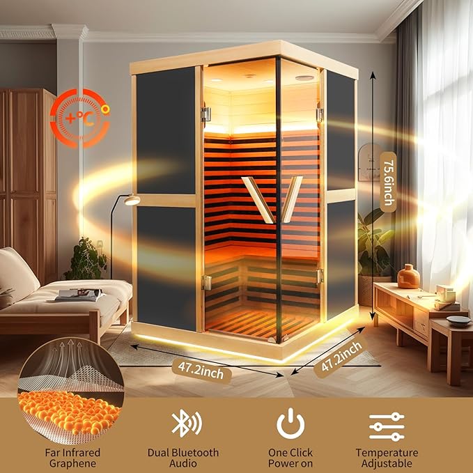 Far Infrared Sauna for Home 2 Person Saunas for Home Indoor Sauna 1980W Hemlock Wood Sauna Room 2-Person Infrared Sauna with LCD Control Panel and Tempered Glass Doors Dry Sauna 47.2*47.2*75.6 Inches