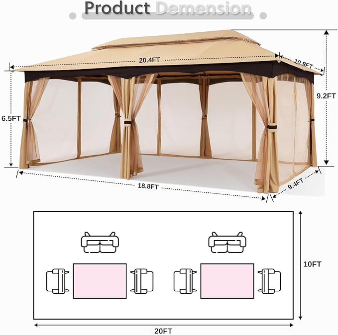 MASTERCANOPY Outdoor Patio Gazebo for Garden with Upgrade Steel Frame and Netting Walls (10x20,Beige)