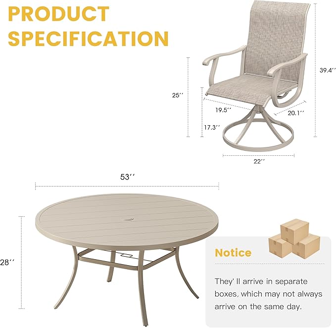 VICLLAX Patio Dining Set for 6, 7 Pieces Outdoor Furniture Includes 53" Round Patio Table with Umbrella Hole and 6 Outdoor Swivel Chairs for Lawn Garden, Sandshell Tabletop and Fabric