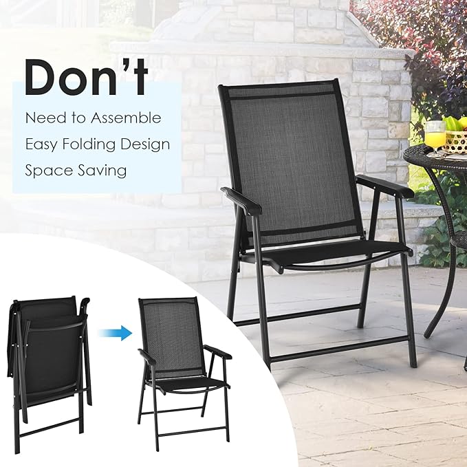 S AFSTAR Patio Chairs Set of 2, Outdoor Foldable Sling Chairs with Armrests, Folding Outdoor Chairs for Lawn Garden Backyard Poolside Porch (Black)