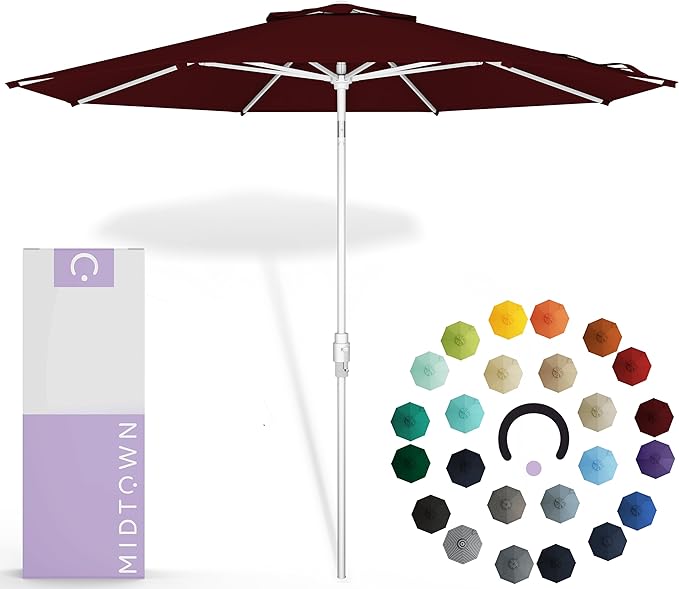 Midtown Umbrellas The Swilt 8 Feet Patio Umbrella in Sunbrella Burgundy Acrylic Fabric - Fiberglass Ribs, Auto-Tilt Aluminum Frame For Backyard, Deck, Garden, Pool - White Pole