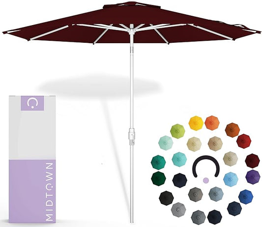 Midtown Umbrellas The Swilt 8 Feet Patio Umbrella in Sunbrella Burgundy Acrylic Fabric - Fiberglass Ribs, Auto-Tilt Aluminum Frame For Backyard, Deck, Garden, Pool - White Pole