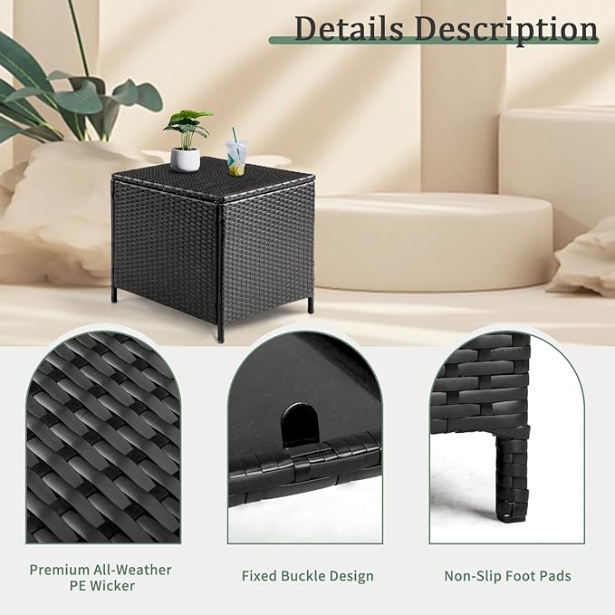 VINGLI 27 Gallon Outdoor Deck Box, Wicker Outdoor Storage Box with Lid, Small Storage Bin Container for Outside and Patio, Patio Rattan Side Table for Yard Porch (Black, Square)