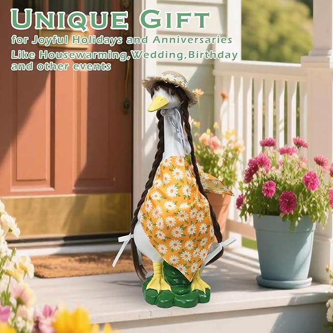 Porch Goose Outfits Statue Decor-20 Large Goose Decrations, Resin Sculpture Wear Yellow Daisy Scarf Clothing, Funny Goose, Big Duck Statue for Yard Lawn Housewarming Birthday Gifts for Mom,Women,Girl