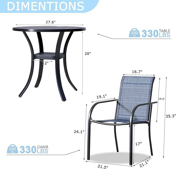 3 Pieces Round Dining Table Set for 2, Patio Dining Set Includes 2 Blue Stackable Patio Chairs and 27.6" Black Metal Round Table, Patio Furniture Sets with Sling Support for Outside, Garden