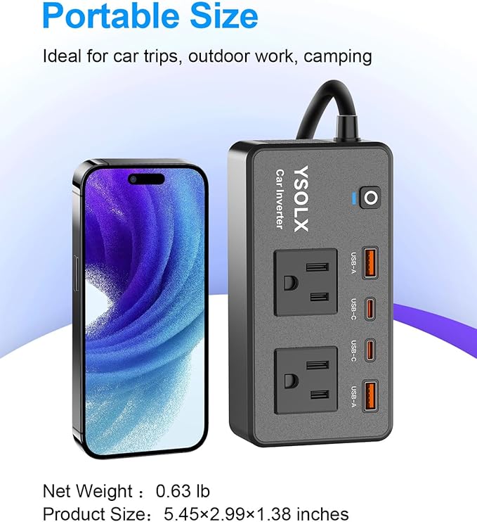 300W Car Power Inverter - YSOLX Dual DC 12V to 110V AC Car Outlet Adapter to Wall Plug, 24W Fast Charging USB-C&USB-A, Portable Charger Converter with for Laptops, Phones