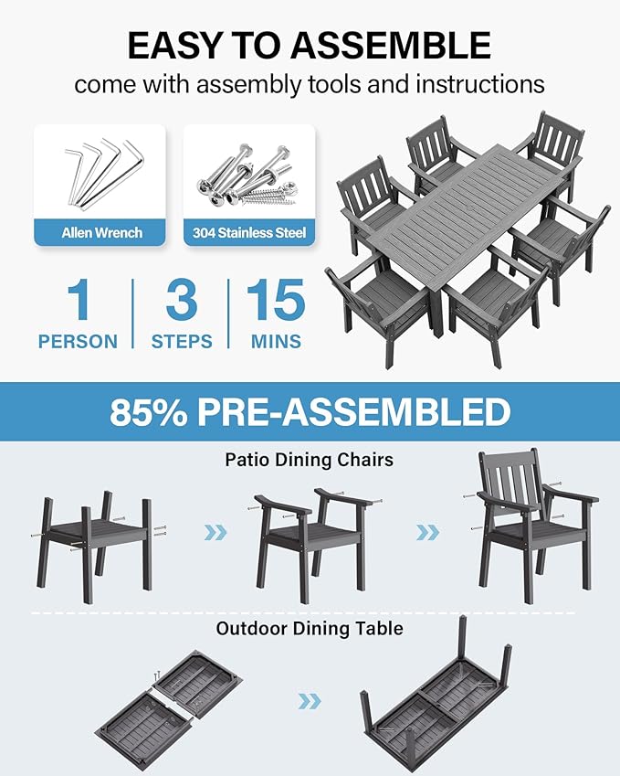 YEFU Patio Dining Chairs Set of 6: All Weather Outdoor Dining Chairs with Wide Curved Seat and Backrest - Outdoor Furniture Plastic for Outside Backyard/Garden/Porch/Deck 350lbs Capacity Grey