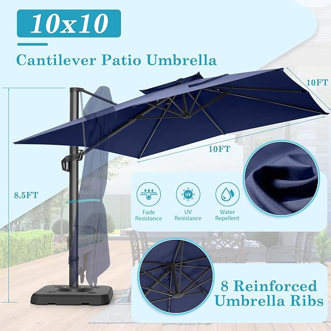 HOTIME10x10ft Patio Umbrella Cantilever Umbrella Double Top - Upgrade and Intensify - 360 Rotation and 5 Angles Adjustment - Aluminum Offset Pool Umbrella Outdoor Umbrellas for Patio Garden Deck Pool