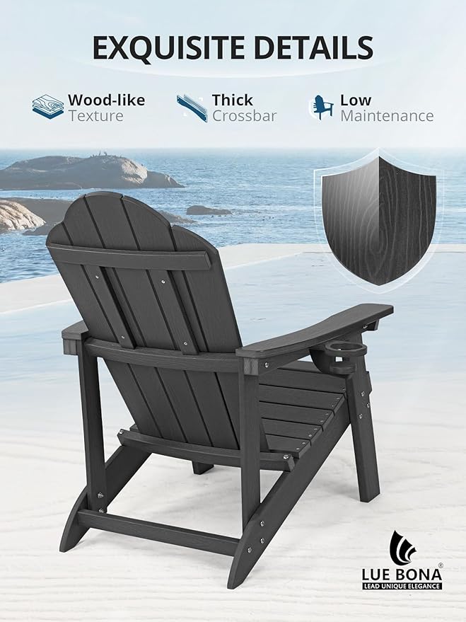 LUE BONA HDPE Adirondack Chairs Set of 2,Plastic Adirondack Chairs with Cup Holder Weather Resistant for Outdoor, Patio, Lawn, Garden, Backyard Deck, Fire Pit, Black