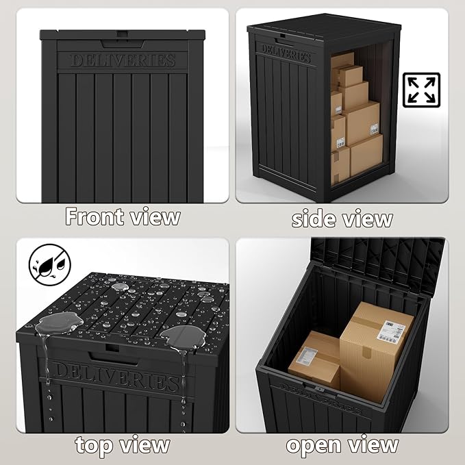 48 Gallon Large Package Delivery Box,Storage Box with Lockable Secure,Double-Wall Resin Outdoor Package Delivery and Waterproof Deck Box for Porch, Curbside (Black)