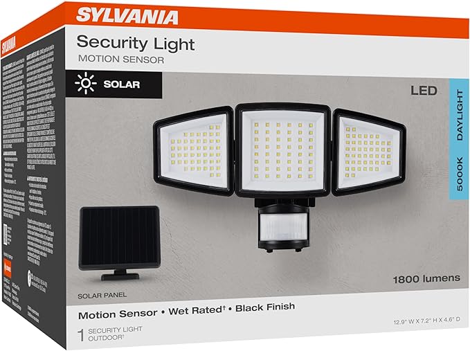 Sylvania Motion Sensor Solar Security Light, Solar Panel, 1800 LMS, Wet Rated, Batteries Included, 5000K, Daylight - 1 Pack (66472)