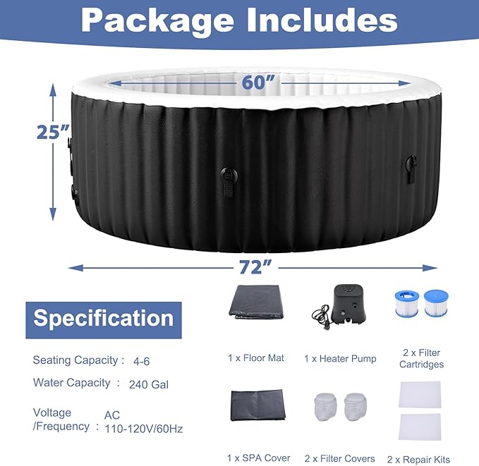 NAIZEA Inflatable Hot Tub - Outdoor Hot Tubs 4 to 6 Person, Portable Blow Up Spa Square Portable Hot Tub, 120 Soothing Bubble Air Jets, Cover