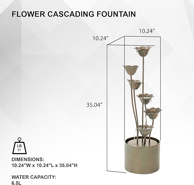 XBrand Metal Sculptural Multi-Tiered Flower Water Fountain, No LED Lights, Silver, 35" Tall