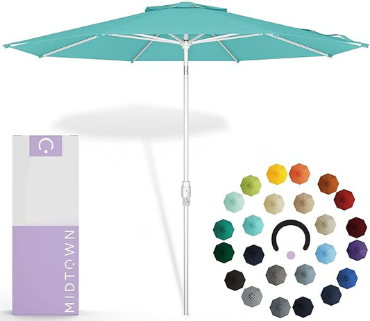 Midtown Umbrellas The Swilt 8 Feet Patio Umbrella in Sunbrella Aruba Acrylic Fabric - Fiberglass Ribs, Auto-Tilt Aluminum Frame For Backyard, Deck, Garden, Pool - White Pole