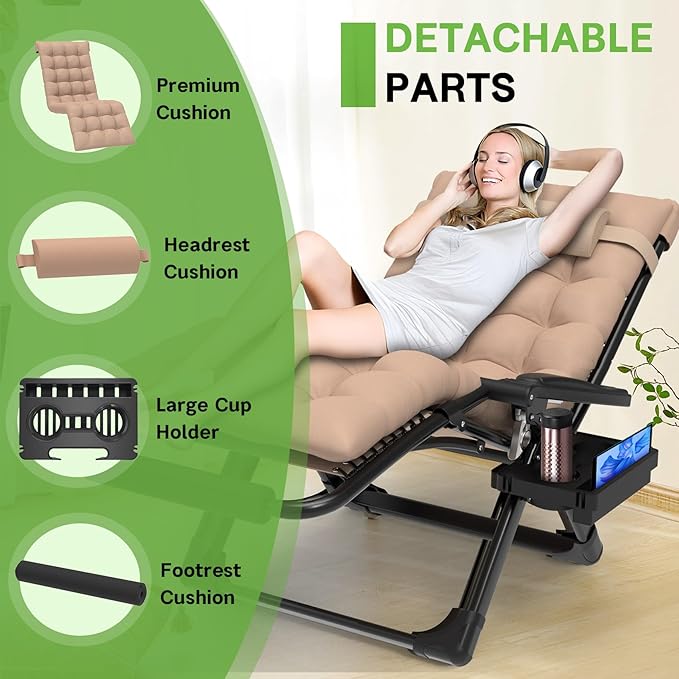 ZENPETIO 29In XL Zero Gravity Chair w/Cushion, Zero Gravity Recliner Lounge Chair for Indoor and Outdoor, Reclining Camping Chair for Lawn, Anti Gravity Chair with Cup Holder and Footrest, 440LBS