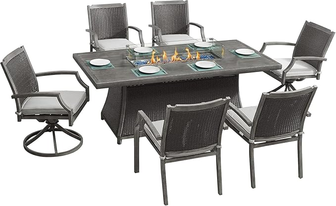 Outdoor Patio Furniture Set With Propane Fire Pit 50,000 Btu 7 Pieces 76" Dining Table Rattan Swivel Chairs Include Cushions Lid And Weather Cover Csa Certified for Garden Backyard Conversations Grey