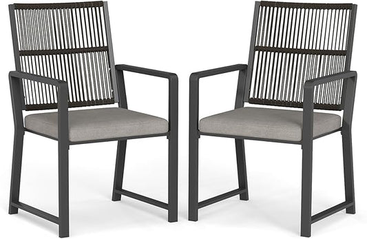 Aluminum Outdoor Patio Dining Chairs -Imitation Rope Vine Chair Ergonomic Backrest Design Detachable Seat Cushion Soft and Breathable Garden/Porch, Black 2Pcs