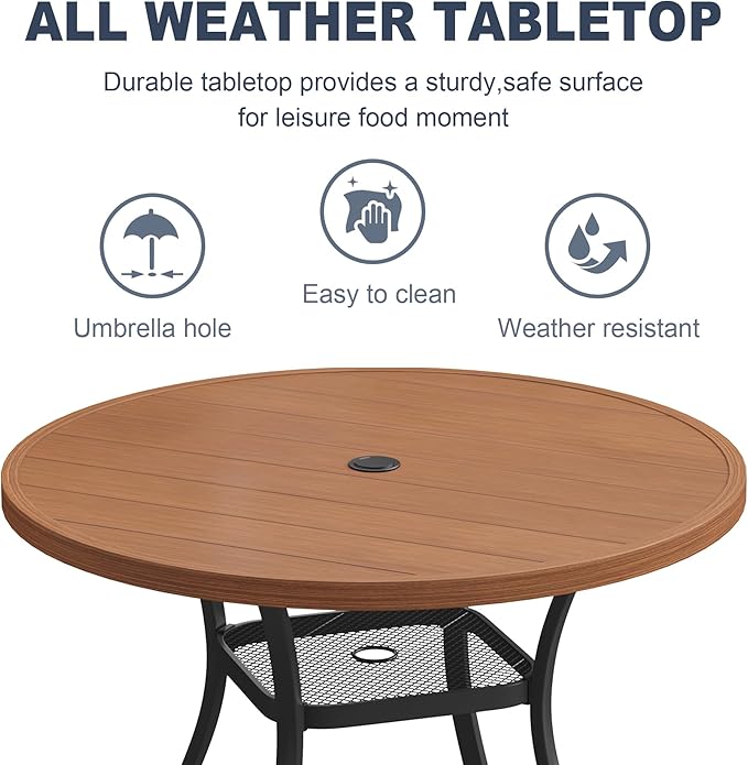 VICLLAX Round Patio Dining Table, 4-6 Person Metal Outdoor Dining Table with Umbrella Hole for Garden Lawn Deck, 47.2" Walnut