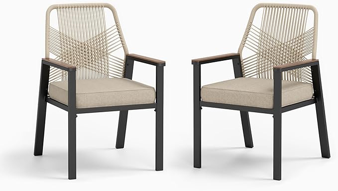 Patio Wicker Chair Sets of 2, Outdoor Dining Chairs with 3.1 inch Seat Cushions, Sturdy Metal Frame & Wood Grain Armrest, Beige