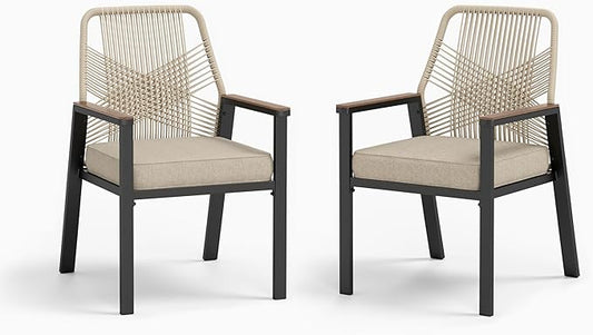Patio Wicker Chair Sets of 2, Outdoor Dining Chairs with 3.1 inch Seat Cushions, Sturdy Metal Frame & Wood Grain Armrest, Beige