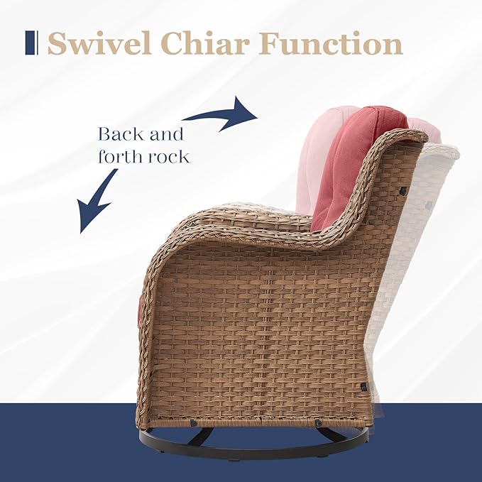 Patio Furniture Set with Swivel Rocker：8 PCS Outdoor Furniture with Swivel Patio Chairs, Suitable for Deck, Yard, Porch, Poolside, Yellow/Red