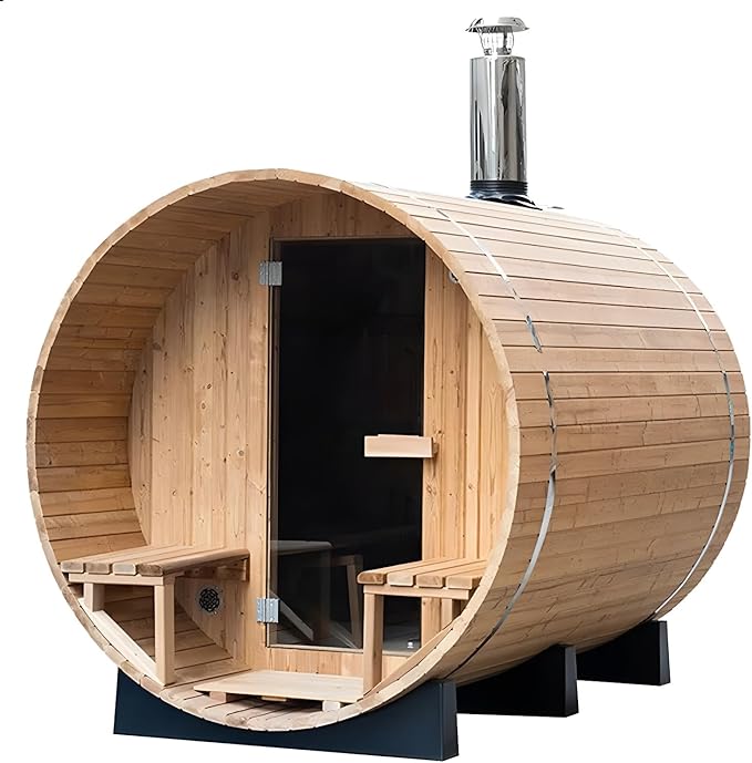ZONEMEL Customize Outdoor Steam Saun, Traditional Barrel Sauna for 4-8 Person, Canadian Pine/Hemlock/Cedar, Porch Option, Window Selection, Wood Burning Stove (0-195 °F)
