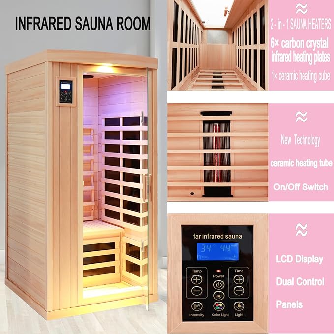 Ceramic Infrared Sauna 1 Person Far Infrared Sauna Hemlock Saunas Room for Home 2 in 1 Indoor Sauna with Low EMF Heaters + Ceramic Heating Cubes-Chromotherapy-Bluetooth Speaker