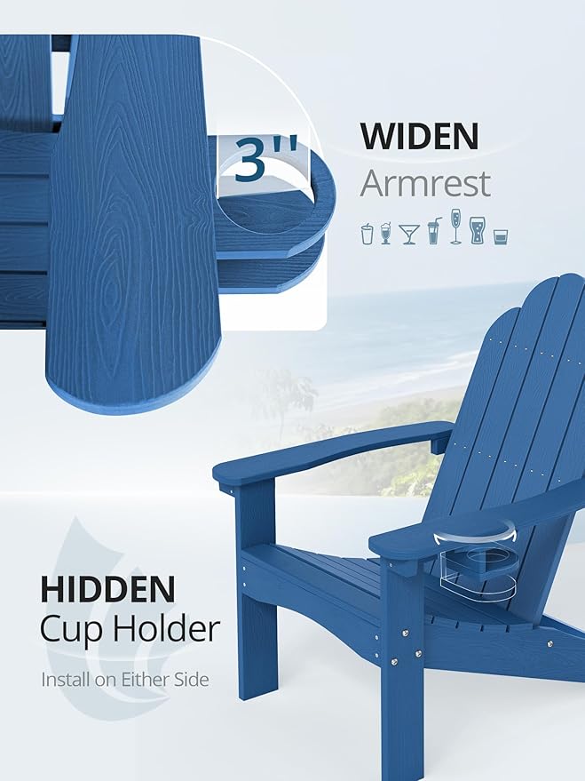 LUE BONA HDPE Adirondack Chairs Set of 2,Plastic Adirondack Chairs with Cup Holder Weather Resistant for Outdoor, Patio, Lawn, Garden, Backyard Deck, Fire Pit, Blue