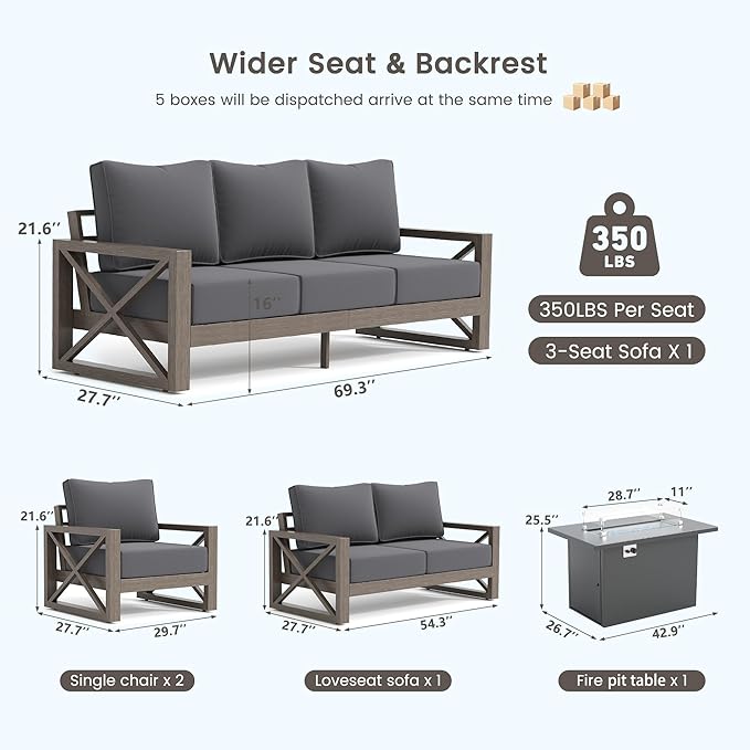 UDPATIO 5 Piece Aluminum Patio Furniture Set with Fire Pit Table,Faux Wood Patio Conversation Set with Olefin Fabric Thick Cushions, Aluminum Outdoor Furniture, 600D Waterproof Cover Included, Grey