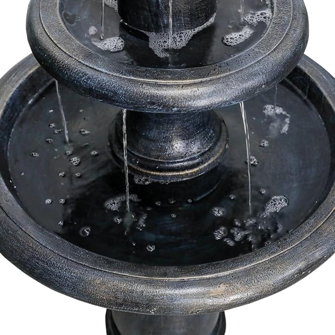 SunJet 45.2" High 3-Tiers Modern Concrete Outdoor Water Fountain - Round Large Outdoor Fountains and Waterfalls for Garden, Patio, Yard, and Deck Decor, Featuring Natural Stone Look (Black, 45.2inch)