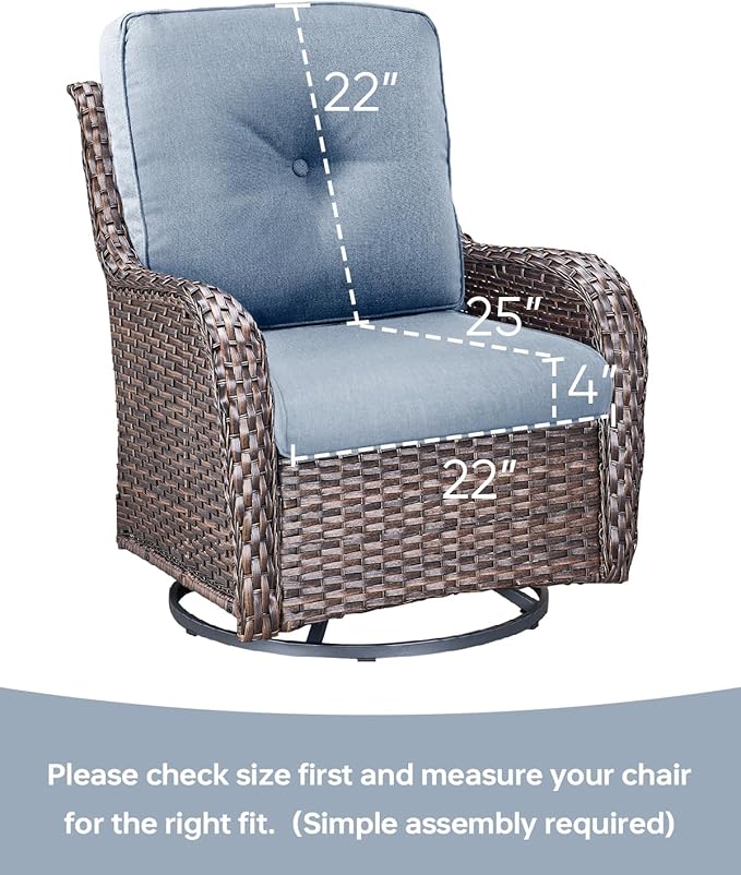 Pop 22x25/22x24 Outdoor Cushions for Patio Couch Chairs Set of 3 - High Back Comfy Outside Seat Cushions for Rattan Dining Rocker Glider Loveseat 3-Seater Sectional Sofa - Baby Blue/Button