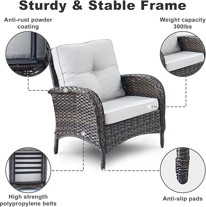 HUMMUH 5 Pieces Patio Furniture Set Wicker Outdoor Bistro Chairs with Ottomans Glass Top Side Table,Outdoor Conversation Set for Porch Deck Backyard Poolside