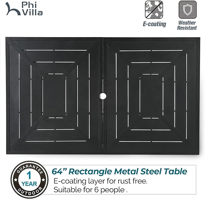 PHI VILLA Outdoor Conversation Furniture Dining Table and Chairs Set of 7 Pieces Patio Dining Set Metal Large 1.77" Umbrella Hole Table for 6 Person Wrought Iron Bistro Dining Chairs