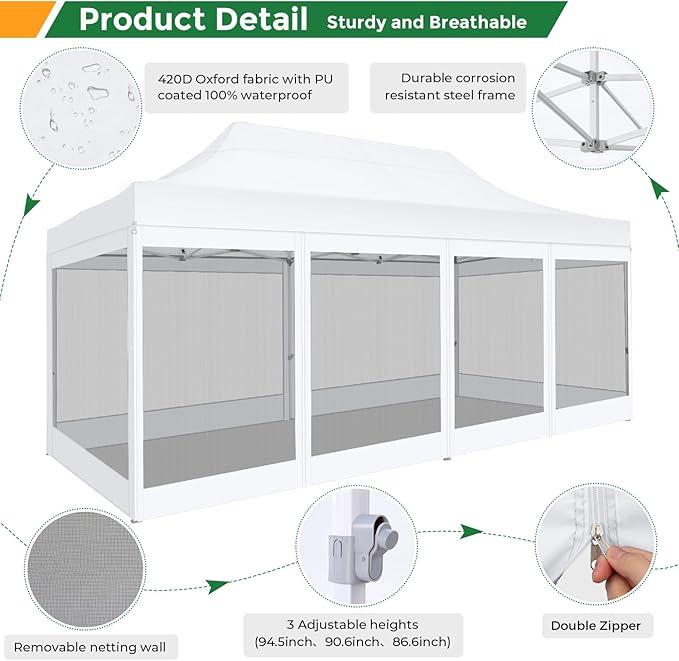 COBIZI 10x20 Heavy Duty Pop Up Canopy Tent with 6 Sidewalls, Commercial Gazebo Party Tent with Mosquito Netting Wall Easy Set Up Outdoor Instant Screen Tent for Backyard, Patio, Garden, White