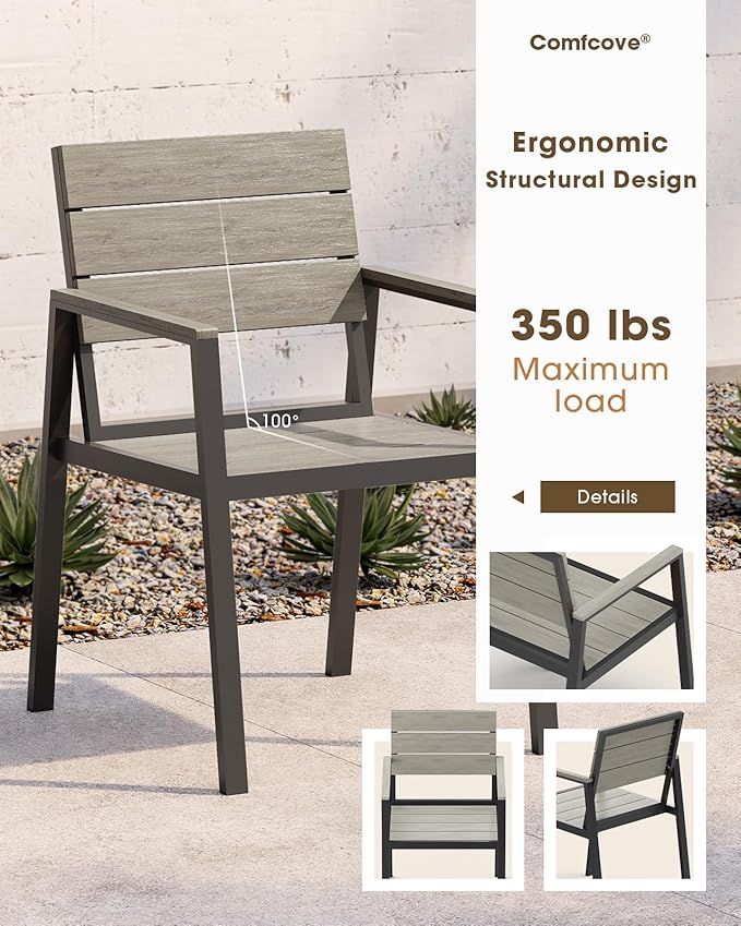 Outdoor Patio Dining set for 4，Aluminum & HDPE 5 Piece Patio Table and Chairs Set with Umbrella Hole, Modren Rectangular Patio Furniture Set with All-weather Table and 4 chairs (Classic Gray)