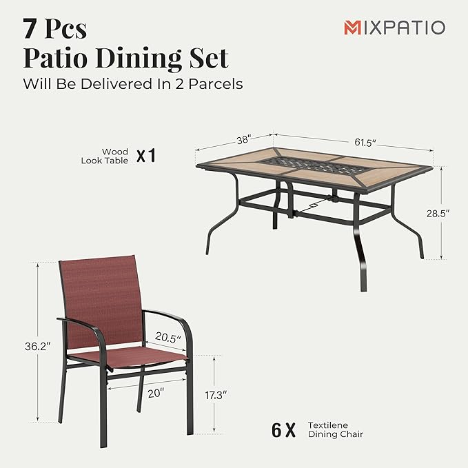 Outdoor Patio Dining Set 7 Piece Furniture Set with 6 Red Chairs and Wood-Like Table Top Rectangular Table for Deck Garden Backyard Lawn Poolside